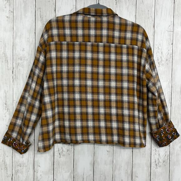 Hem & Thread Plaid 3/4 Button Floral Roll Cuff Collared Fall Autumn Shirt Large - Picture 2 of 9